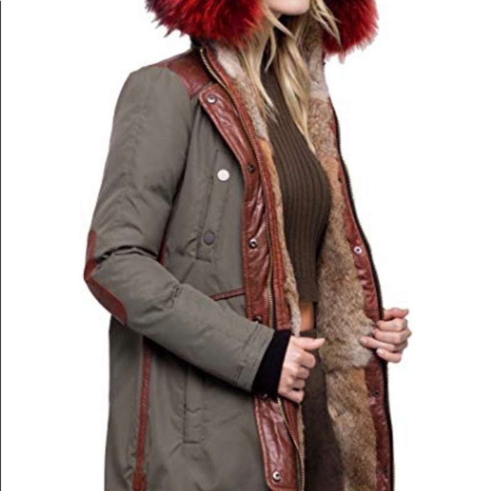Exc Cond. Nicole Benisti Red Fur hood Olive Puffer luxury Coat szM (mid thigh) - Picture 2 of 8